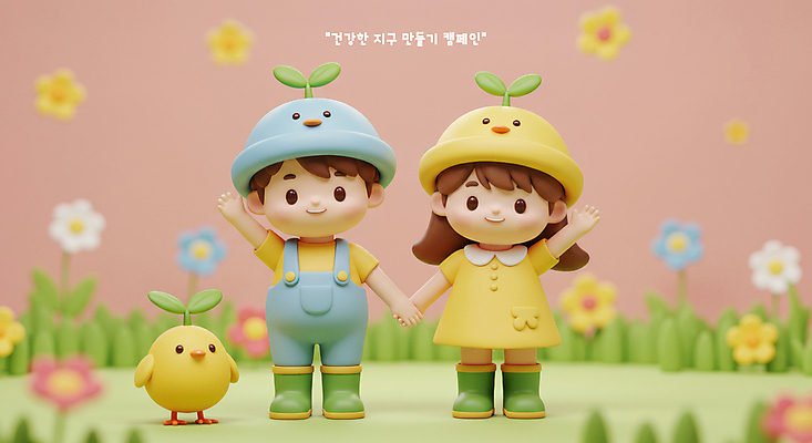 전신 PSD 편집이미지 모자 여자 남자 꽃 어린이 캠페인 분홍색 3D캐릭터 병아리 장화 미소 소녀 소년 두명 손들기 새싹 귀여움 손잡기 식목일 지구온난화 어린이만 편집3D 식물 캐릭터 잡화 기념일 컬러 신발 컨셉 모션 조류 표정 사람 3D 기후변화 파일형식