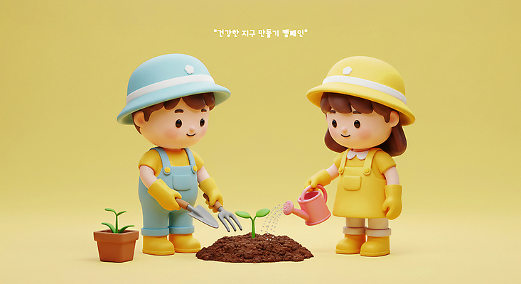 전신 PSD 편집이미지 여자 남자 화분 어린이 캠페인 3D캐릭터 들기 소녀 소년 두명 노란색 새싹 귀여움 흙 물뿌리개 모종삽 식목일 물주기 지구온난화 갈퀴 식물심기 실천 어린이만 편집3D 식물 캐릭터 기념일 컬러 컨셉 모션 사람 3D 삽 기후변화 심기 파일형식