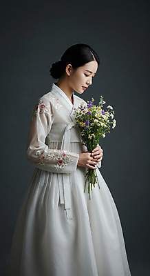 JPG 편집이미지 한국전통 옷 여자 패션 꽃다발 한명 들기 성인 단아함 여자한복 의료성형뷰티 성인여자한명만 내려보기 편집실사 AI인물포토 AI콘텐츠 1 전통 꽃 모션 한국 사람 한복 CG 여자한명만 성인여자만 파일형식 AI포토