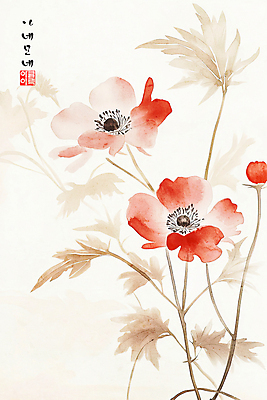 PSD 전통 디자인 잎 일러스트 사람없음 한지 꽃봉오리 한국화 감성 아네모네 인장 국내일러스트 식물 꽃 종이 컨셉 동양화 파일형식