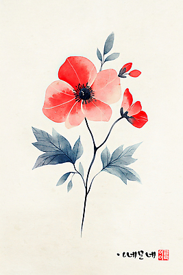 PSD 전통 디자인 잎 일러스트 사람없음 한지 꽃봉오리 한국화 감성 아네모네 인장 국내일러스트 식물 꽃 종이 컨셉 동양화 파일형식