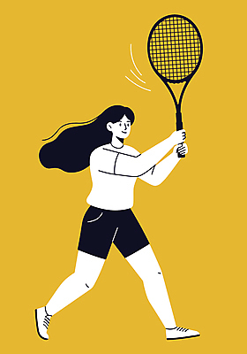 전신 여자 일러스트 한명 미소 들기 성인 취미 운동 노란색 테니스라켓 스윙 성인여자한명만 국내일러스트 일러캐릭터 AI파일 캐릭터 1 컬러 포즈 모션 표정 건강 사람 테니스 라켓 여자한명만 성인여자만 파일형식 벡터