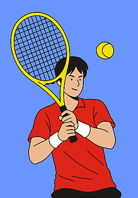 남자 일러스트 한명 미소 들기 상반신 성인 취미 빨간색 파란색 운동 테니스라켓 스윙 테니스공 성인남자한명만 국내일러스트 일러캐릭터 AI파일 캐릭터 1 컬러 포즈 공 모션 표정 건강 사람 테니스 라켓 테니스용품 남자한명만 성인남자만 파일형식 벡터