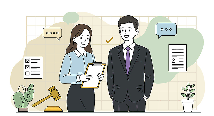 식물 여자 남자 화분 말풍선 일러스트 대화 미소 들기 정장 성인 두명 전문직 법률가 체크표시 문서 주머니손 의사봉 서류판 성인만 국내일러스트 AI파일 직업 옷 모션 표정 말하기 사람 사무용품 확인 파일형식 벡터