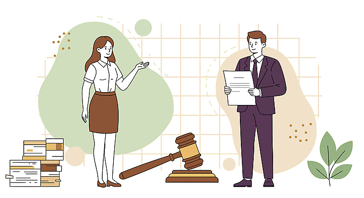 전신 여자 남자 잎 일러스트 대화 미소 들기 정장 성인 두명 손들기 전문직 법률가 문서 의사봉 서류더미 성인만 국내일러스트 AI파일 식물 직업 옷 모션 표정 말하기 사람 파일형식 벡터 더미