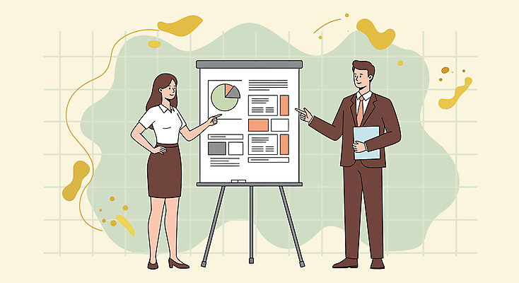 전신 여자 남자 허리손 말풍선 일러스트 대화 미소 들기 정장 성인 두명 가리킴 전문직 법률가 프레젠테이션 가판대 성인만 국내일러스트 AI파일 직업 옷 포즈 모션 표정 말하기 사람 손짓 파일형식 벡터