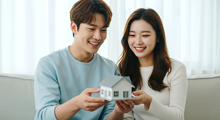 JPG 편집이미지 여자 남자 거실 신혼부부 부동산 웃음 들기 앉기 상반신 성인 두명 소파 커튼 내집마련 건축모형 부동산매매 신혼집 의료성형뷰티 성인만 편집실사 AI인물포토 AI콘텐츠 부부 의자 모션 표정 사람 모형 재산 CG 신혼 파일형식 AI포토