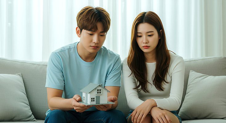 JPG 편집이미지 여자 남자 거실 신혼부부 부동산 들기 앉기 상반신 성인 두명 소파 커튼 고민 내집마련 건축모형 부동산매매 신혼집 의료성형뷰티 성인만 편집실사 AI인물포토 AI콘텐츠 부부 감정 의자 모션 사람 모형 재산 CG 신혼 파일형식 AI포토