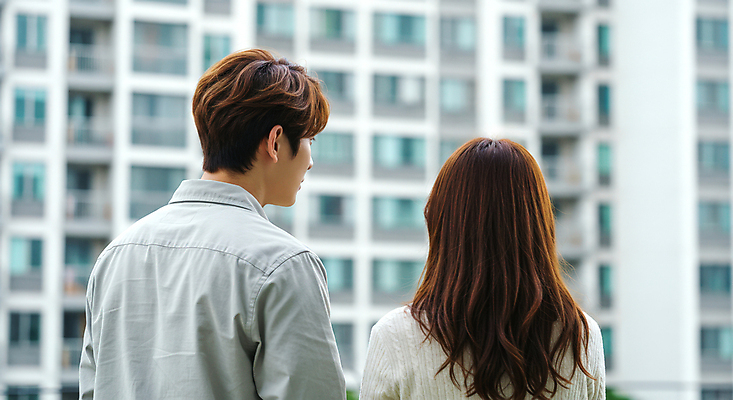 JPG 편집이미지 여자 남자 신혼부부 부동산 아파트 상반신 성인 야외 두명 뒷모습 내집마련 부동산매매 신혼집 의료성형뷰티 성인만 편집실사 AI인물포토 AI콘텐츠 부부 뷰포인트 주택 사람 재산 CG 신혼 파일형식 AI포토