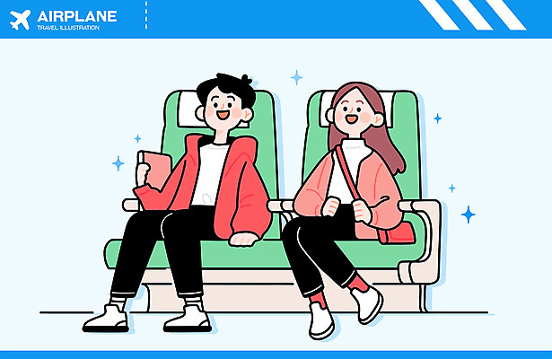 전신 커플 여자 남자 행복 여행 하늘색 의자 일러스트 비행기 미소 들기 앉기 성인 두명 책 반짝임 청춘 크로스백 기내 성인만 국내일러스트 AI파일 감정 가구 컨셉 가방 관계 항공교통 모션 대중교통 표정 사람 파란색 공공장소 파일형식 벡터
