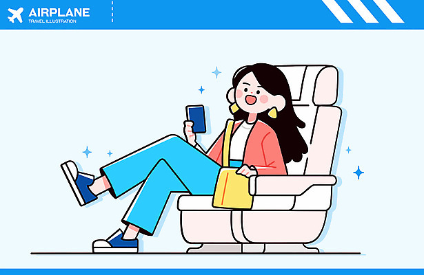 전신 여자 행복 여행 하늘색 의자 일러스트 비행기 한명 미소 들기 앉기 성인 반짝임 청춘 다리꼬기 여권 크로스백 기내 성인여자한명만 국내일러스트 AI파일 1 감정 가구 컨셉 가방 항공교통 모션 대중교통 표정 사람 파란색 공공장소 여자한명만 성인여자만 파일형식 벡터