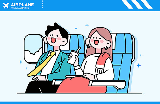 구름 커플 여자 남자 행복 여행 하늘색 의자 일러스트 창문 하늘 비행기 미소 앉기 정장 성인 두명 반짝임 청춘 기내 테이크아웃컵 성인만 국내일러스트 AI파일 자연요소 옷 감정 가구 컨셉 관계 항공교통 모션 대중교통 표정 사람 컵 파란색 공공장소 파일형식 벡터