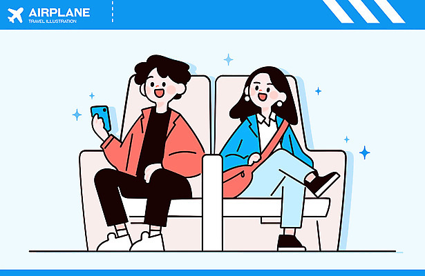 전신 커플 여자 남자 행복 여행 하늘색 의자 일러스트 비행기 미소 들기 앉기 성인 두명 반짝임 스마트폰 청춘 다리꼬기 크로스백 기내 성인만 국내일러스트 AI파일 감정 가구 컨셉 가방 관계 항공교통 모션 대중교통 표정 사람 파란색 핸드폰 스마트기기 공공장소 파일형식 벡터