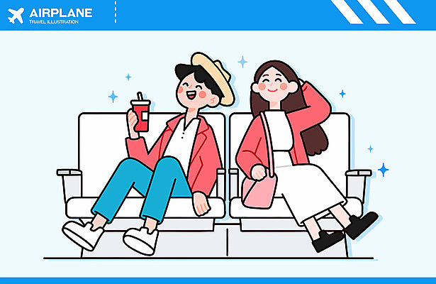 전신 커플 여자 남자 행복 여행 하늘색 의자 일러스트 비행기 미소 앉기 성인 두명 반짝임 청춘 손들기 중절모 크로스백 기내 테이크아웃컵 성인만 국내일러스트 AI파일 모자_잡화 감정 가구 컨셉 가방 관계 항공교통 모션 대중교통 표정 사람 컵 파란색 공공장소 파일형식 벡터