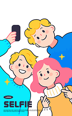 여자 남자 일러스트 미소 들기 상반신 성인 세명 친구 반짝임 스마트폰 우정 셀프카메라 즐거움 손하트 성인만 국내일러스트 AI파일 감정 관계 모션 표정 사람 손짓 핸드폰 스마트기기 사진촬영 파일형식 벡터