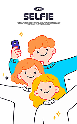 여자 남자 일러스트 미소 들기 상반신 성인 세명 친구 반짝임 스마트폰 손들기 우정 셀프카메라 즐거움 성인만 국내일러스트 AI파일 감정 관계 모션 표정 사람 핸드폰 스마트기기 사진촬영 파일형식 벡터