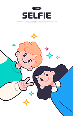 여자 남자 일러스트 미소 상반신 성인 두명 친구 반짝임 우정 셀프카메라 즐거움 브이 성인만 국내일러스트 AI파일 감정 관계 모션 표정 사람 손짓 사진촬영 파일형식 벡터