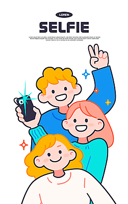 여자 남자 일러스트 미소 들기 상반신 성인 세명 친구 반짝임 스마트폰 우정 셀프카메라 즐거움 브이 성인만 국내일러스트 AI파일 감정 관계 모션 표정 사람 손짓 핸드폰 스마트기기 사진촬영 파일형식 벡터