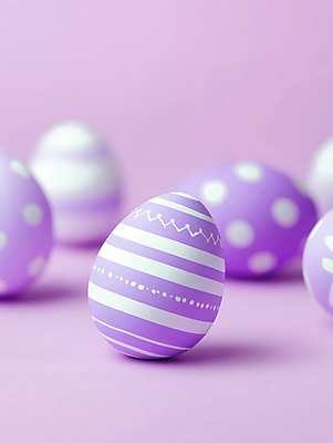 JPG 편집이미지 사람없음 보라색 물방울무늬 여러개 줄무늬 부활절계란 파스텔톤 편집실사 AI포토 AI콘텐츠 컬러 다수 무늬 부활절 계란 CG 파일형식