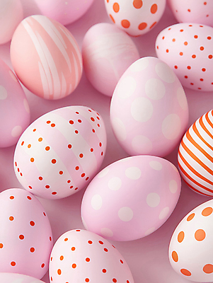 JPG 편집이미지 분홍색 사람없음 물방울무늬 여러개 줄무늬 부활절계란 편집실사 AI포토 AI콘텐츠 컬러 다수 무늬 부활절 계란 CG 파일형식