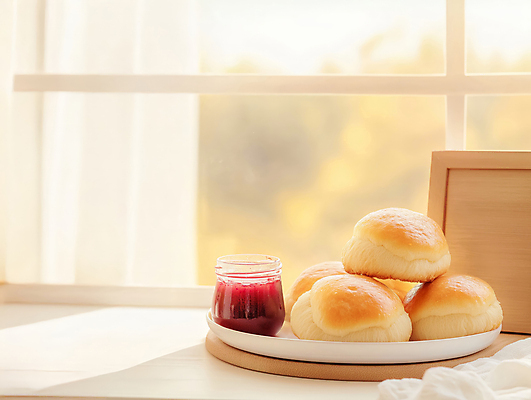 JPG 편집이미지 접시 액자 자연 식탁 따뜻함 사람없음 햇빛 커튼 병 창가 브런치 딸기잼 베이지색 브리오슈 맛있는 편집실사 AI포토 AI콘텐츠 식기 빵 컬러 창문 탁자 태양 식사 잼 CG 생태계 파일형식