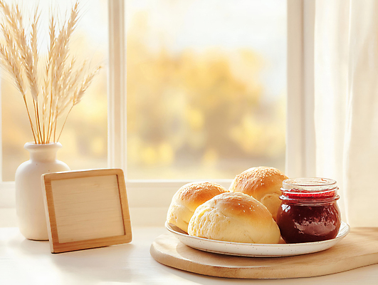 JPG 편집이미지 접시 화분 액자 식탁 따뜻함 사람없음 햇빛 병 밀 브런치 딸기잼 베이지색 브리오슈 맛있는 편집실사 AI포토 AI콘텐츠 식기 빵 컬러 탁자 곡류 태양 식사 잼 CG 파일형식