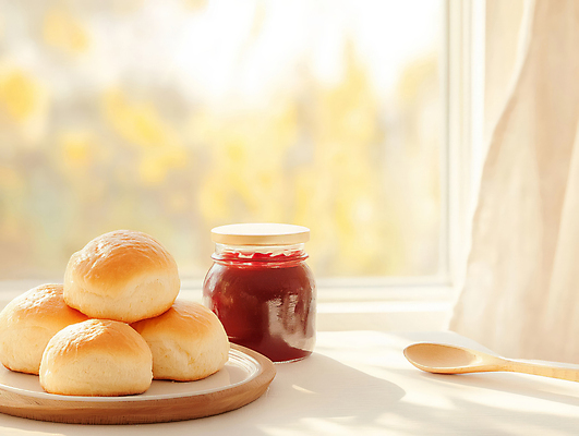 JPG 편집이미지 접시 식탁 따뜻함 사람없음 햇빛 커튼 병 창가 브런치 나무숟가락 딸기잼 베이지색 브리오슈 맛있는 편집실사 AI포토 AI콘텐츠 식기 빵 컬러 창문 탁자 태양 숟가락 식사 잼 CG 파일형식