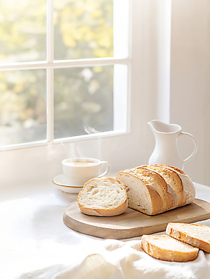 JPG 편집이미지 식탁 주전자 단면 사람없음 햇빛 커피잔 천 창가 슬라이스 나무도마 베이지색 맛있는 사워도우 편집실사 AI포토 AI콘텐츠 커피 빵 컬러 창문 탁자 주방용품 잔 도마 목재 태양 직물 CG 파일형식