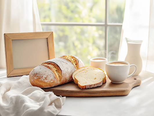 JPG 편집이미지 액자 식탁 단면 사람없음 우유 커튼 커피잔 천 창가 슬라이스 나무도마 라떼 베이지색 맛있는 사워도우 편집실사 AI포토 AI콘텐츠 커피 빵 컬러 창문 탁자 잔 유제품 도마 목재 직물 CG 파일형식