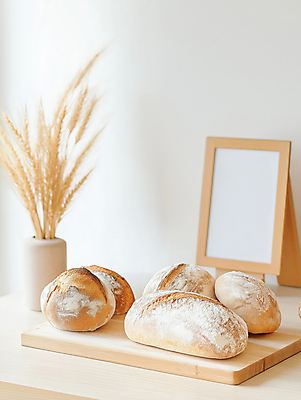 JPG 편집이미지 화분 액자 식탁 사람없음 햇빛 밀 나무도마 베이지색 맛있는 사워도우 편집실사 AI포토 AI콘텐츠 빵 컬러 탁자 곡류 도마 목재 태양 CG 파일형식
