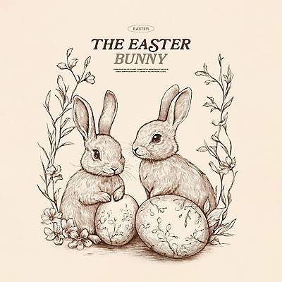 PSD 꽃 잎 일러스트 흑백 사람없음 토끼 빈티지 고급 부활절계란 고풍 베이지색 국내일러스트 식물 컬러 컨셉 포유류 부활절 촬영기법 반려동물 계란 파일형식