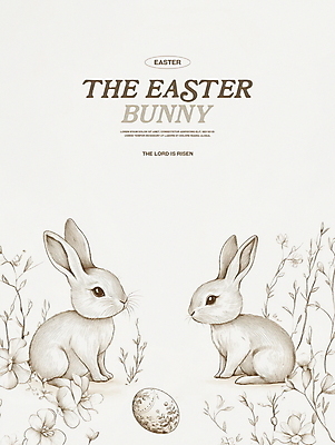 PSD 꽃 잎 일러스트 흑백 사람없음 마주보기 토끼 빈티지 고급 부활절계란 심플 고풍 베이지색 미니멀 국내일러스트 식물 컬러 컨셉 포유류 모션 부활절 촬영기법 반려동물 계란 파일형식
