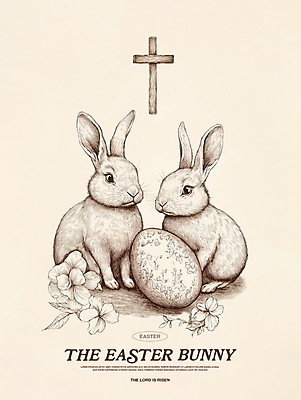 PSD 꽃 기독교 일러스트 사람없음 토끼 빈티지 고급 부활절계란 나무십자가 고풍 베이지색 국내일러스트 식물 종교 컬러 컨셉 십자가 포유류 부활절 반려동물 계란 파일형식