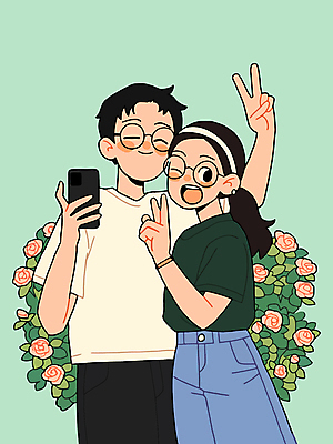 여자 남자 행복 일러스트 사랑 윙크 미소 들기 성인 두명 스마트폰 장미 로맨틱 하트 머리띠 셀프카메라 브이 로즈데이 민트색 성인만 안경낌 국내일러스트 AI파일 모양 꽃 감정 안경 컬러 컨셉 장신구 모션 데이이벤트 표정 사람 손짓 핸드폰 스마트기기 사진촬영 파일형식 벡터