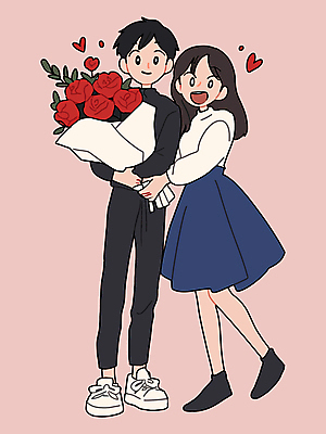 전신 여자 남자 행복 분홍색 꽃다발 일러스트 사랑 미소 들기 성인 두명 장미 로맨틱 하트 로즈데이 성인만 국내일러스트 AI파일 모양 꽃 감정 컬러 컨셉 모션 데이이벤트 표정 사람 파일형식 벡터