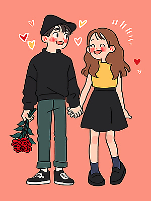 전신 여자 남자 행복 분홍색 꽃다발 일러스트 사랑 미소 들기 성인 두명 장미 손잡기 로맨틱 하트 로즈데이 캡모자 성인만 국내일러스트 AI파일 모양 모자_잡화 꽃 감정 컬러 컨셉 모션 데이이벤트 표정 사람 파일형식 벡터