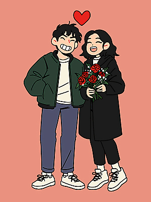 전신 여자 남자 행복 분홍색 꽃다발 일러스트 사랑 미소 들기 성인 두명 장미 로맨틱 하트 주머니손 로즈데이 성인만 국내일러스트 AI파일 모양 꽃 감정 컬러 컨셉 모션 데이이벤트 표정 사람 파일형식 벡터