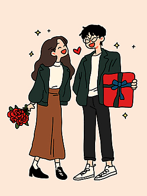 전신 여자 남자 행복 꽃다발 일러스트 사랑 미소 들기 성인 두명 선물상자 반짝임 장미 로맨틱 하트 로즈데이 성인만 국내일러스트 AI파일 모양 꽃 감정 컨셉 모션 데이이벤트 표정 선물 사람 상자 파일형식 벡터