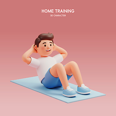 PSD 편집이미지 남자 분홍색 다이어트 3D캐릭터 관리 한명 미소 성인 운동복 3D 헬스 매트 웨이트트레이닝 윗몸일으키기 성인남자한명만 홈트레이닝 편집3D 캐릭터 1 옷 컬러 표정 건강 사람 운동 디지털합성 남자한명만 성인남자만 파일형식