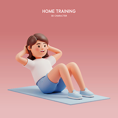 PSD 편집이미지 여자 분홍색 다이어트 3D캐릭터 관리 한명 미소 성인 운동복 3D 헬스 매트 웨이트트레이닝 윗몸일으키기 성인여자한명만 홈트레이닝 편집3D 캐릭터 1 옷 컬러 표정 건강 사람 운동 디지털합성 여자한명만 성인여자만 파일형식