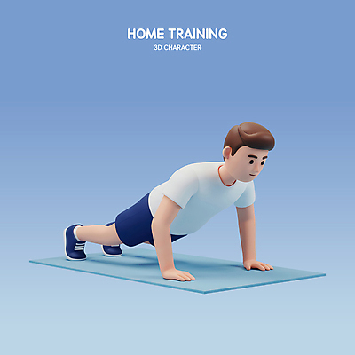 PSD 편집이미지 남자 다이어트 3D캐릭터 관리 한명 미소 성인 파란색 운동복 3D 헬스 매트 웨이트트레이닝 팔굽혀펴기 성인남자한명만 홈트레이닝 편집3D 캐릭터 1 옷 컬러 표정 건강 사람 운동 디지털합성 남자한명만 성인남자만 파일형식