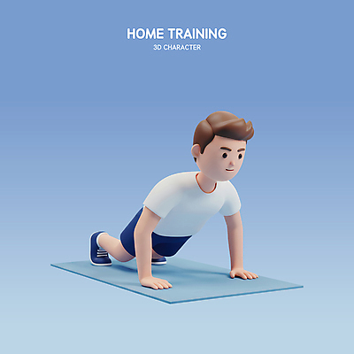 PSD 편집이미지 남자 다이어트 3D캐릭터 관리 한명 미소 성인 파란색 운동복 3D 헬스 매트 웨이트트레이닝 팔굽혀펴기 성인남자한명만 홈트레이닝 편집3D 캐릭터 1 옷 컬러 표정 건강 사람 운동 디지털합성 남자한명만 성인남자만 파일형식