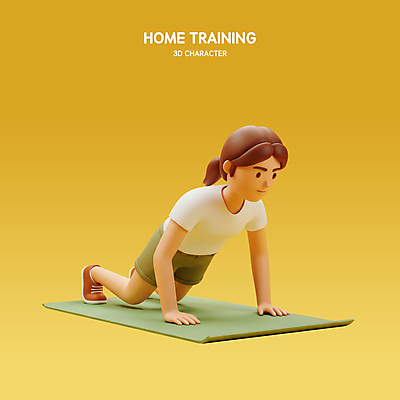 PSD 편집이미지 여자 다이어트 3D캐릭터 관리 한명 미소 성인 운동복 노란색 3D 헬스 매트 웨이트트레이닝 팔굽혀펴기 성인여자한명만 홈트레이닝 편집3D 캐릭터 1 옷 컬러 표정 건강 사람 운동 디지털합성 여자한명만 성인여자만 파일형식