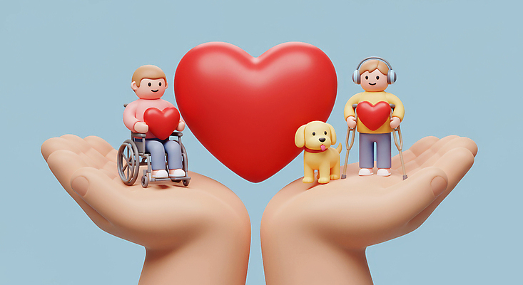 JPG 전신 편집이미지 손 남자 사랑 미소 들기 앉기 성인 두명 신체부위 파란색 3D 헤드폰 하트 잡기 강아지 휠체어 개목걸이 목발 성인남자만 편집3D AI컴퓨터그래픽 AI콘텐츠 모양 감정 컬러 음향기기 의료기기 모션 표정 사람 반려동물 개 디지털합성 애견용품 남자만 성인만 파일형식