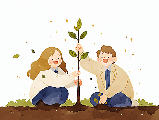 JPG 전신 여자 남자 일러스트 수채화 미소 성인 두명 반짝임 자연보호 흙 잡기 풀 무릎꿇기 식목일 나무심기 웅크림 묘목 성인만 국내일러스트 AI일러스트 AI콘텐츠 나무 식물 기념일 모션 자연 표정 사람 보호 심기 파일형식