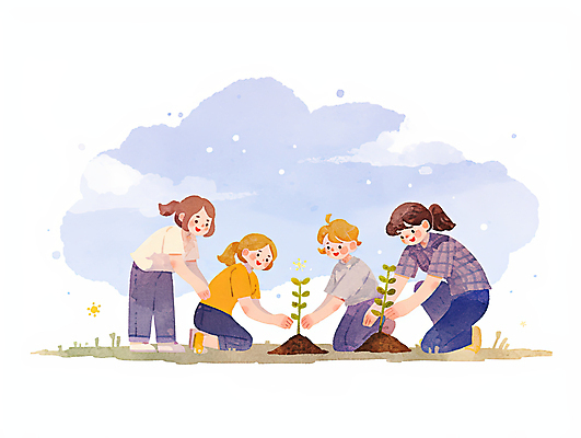 JPG 전신 구름 여자 일러스트 하늘 수채화 미소 여러명 성인 자연보호 흙 무릎꿇기 식목일 나무심기 묘목 성인여자만 국내일러스트 AI일러스트 AI콘텐츠 자연요소 나무 기념일 다수 모션 자연 표정 사람 보호 심기 여자만 성인만 파일형식