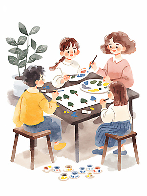 JPG 전신 나무 여자 남자 화분 어린이 의자 일러스트 수채화 미소 들기 앉기 소녀 소년 여러명 성인 자연보호 물감 붓 그리기 식목일 책상 국내일러스트 AI일러스트 AI콘텐츠 식물 기념일 가구 다수 모션 자연 표정 사람 미술도구 보호 파일형식