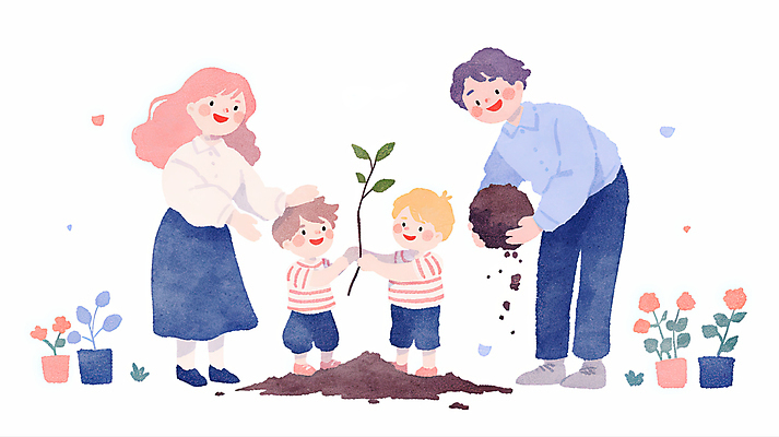 JPG 전신 여자 남자 꽃 화분 어린이 일러스트 수채화 허리숙이기 미소 들기 소년 여러명 성인 자연보호 흙 식목일 나무심기 묘목 쓰다듬기 국내일러스트 AI일러스트 AI콘텐츠 나무 식물 기념일 다수 모션 자연 표정 숙이기 사람 보호 심기 파일형식