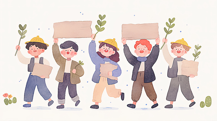 JPG 전신 여자 남자 어린이 일러스트 수채화 미소 들기 소녀 소년 여러명 걷기 자연보호 팻말 식목일 나무심기 묘목 어린이만 국내일러스트 AI일러스트 AI콘텐츠 나무 기념일 다수 모션 자연 프레임 표정 사람 보호 심기 파일형식
