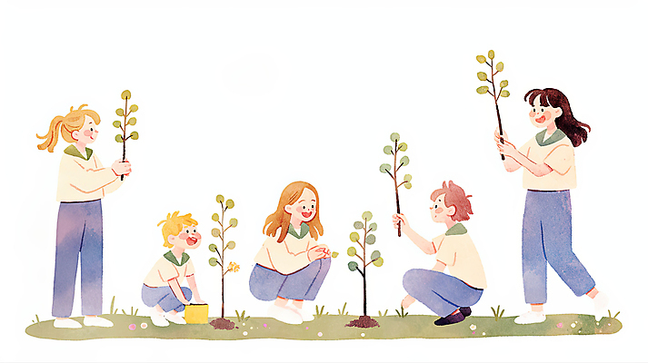 JPG 전신 여자 남자 교복 일러스트 청소년 수채화 미소 들기 잔디 여러명 자연보호 흙 식목일 나무심기 웅크림 묘목 십대만 국내일러스트 AI일러스트 AI콘텐츠 나무 식물 옷 기념일 다수 모션 자연 표정 사람 보호 심기 파일형식